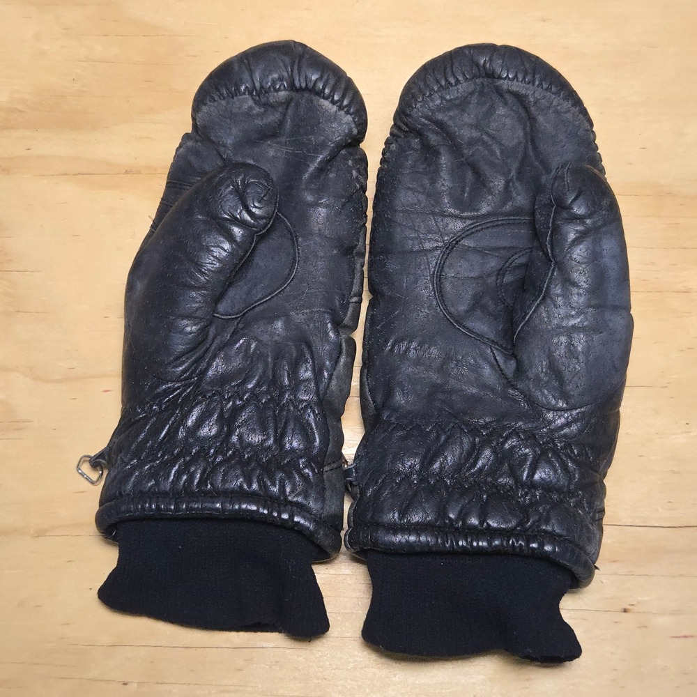VTG Conroy Men M Leather Mittens Black Blue Thermal Lined Ribbed Knit Cuff Japan